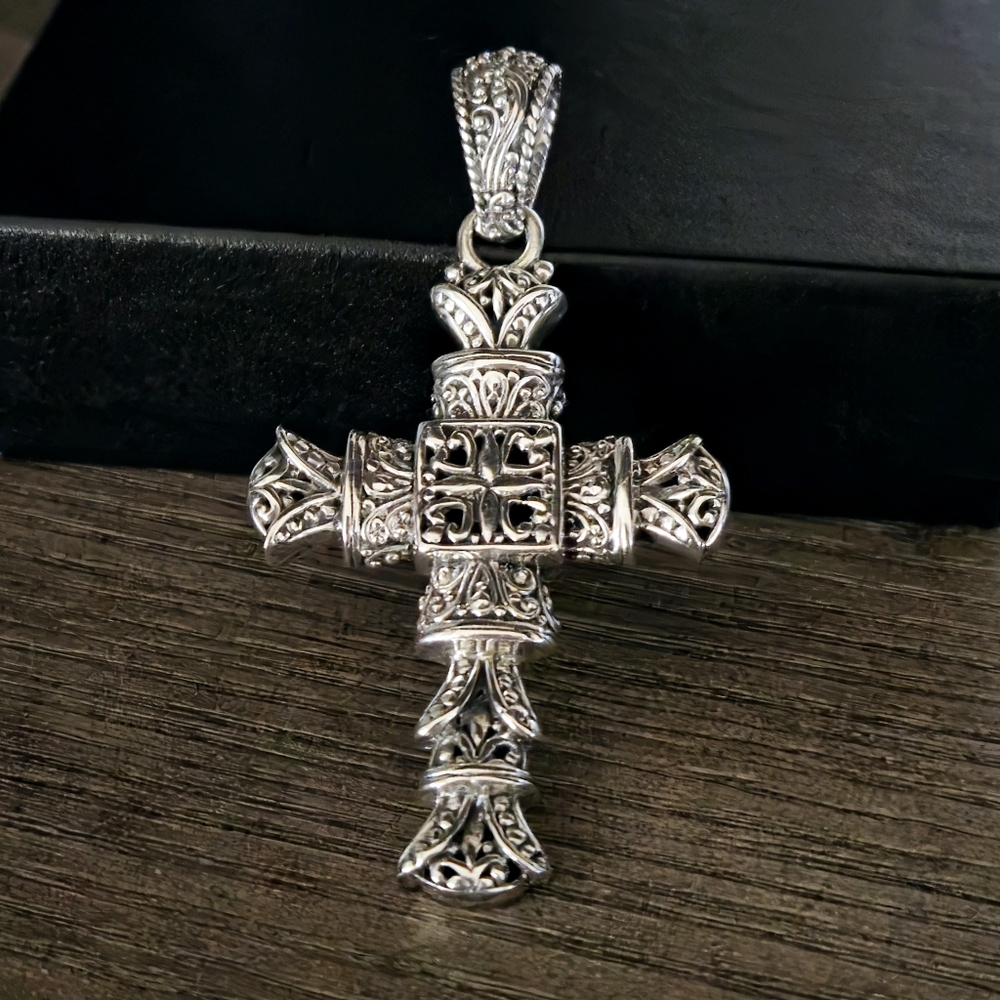 SARDA Designer Signed 925 Sterling Silver Cross Pendant 2.75" Bali